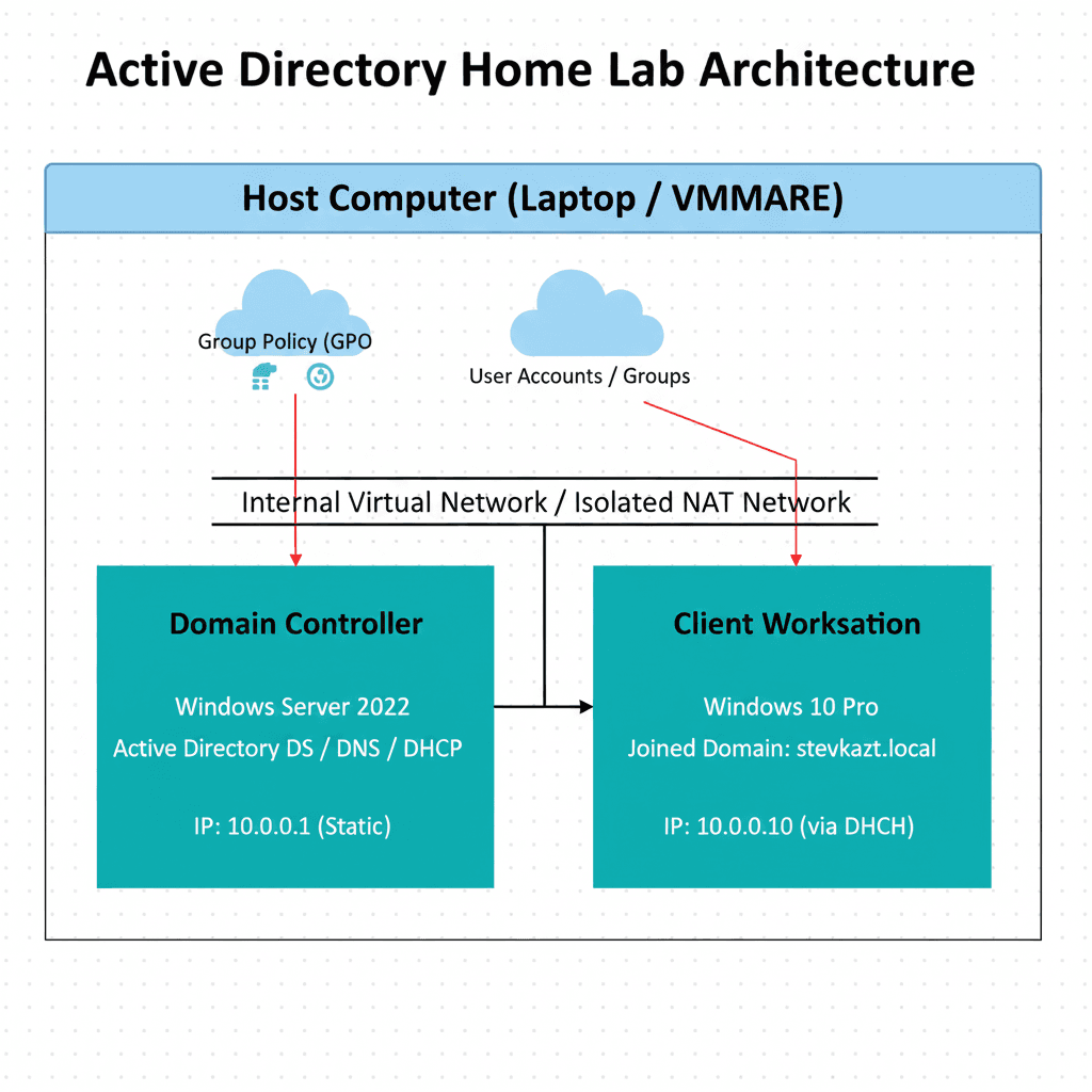 Active Directory lab architecture showing Domain Controller and Client VMs